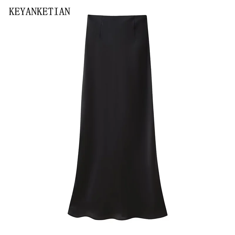 

KEYANKETIAN 2024 New Launch Women's Satin Texture Black MIDI Skirt Elegant Stylish Zipper High-Waisted A-Line Ankle-Length Skirt