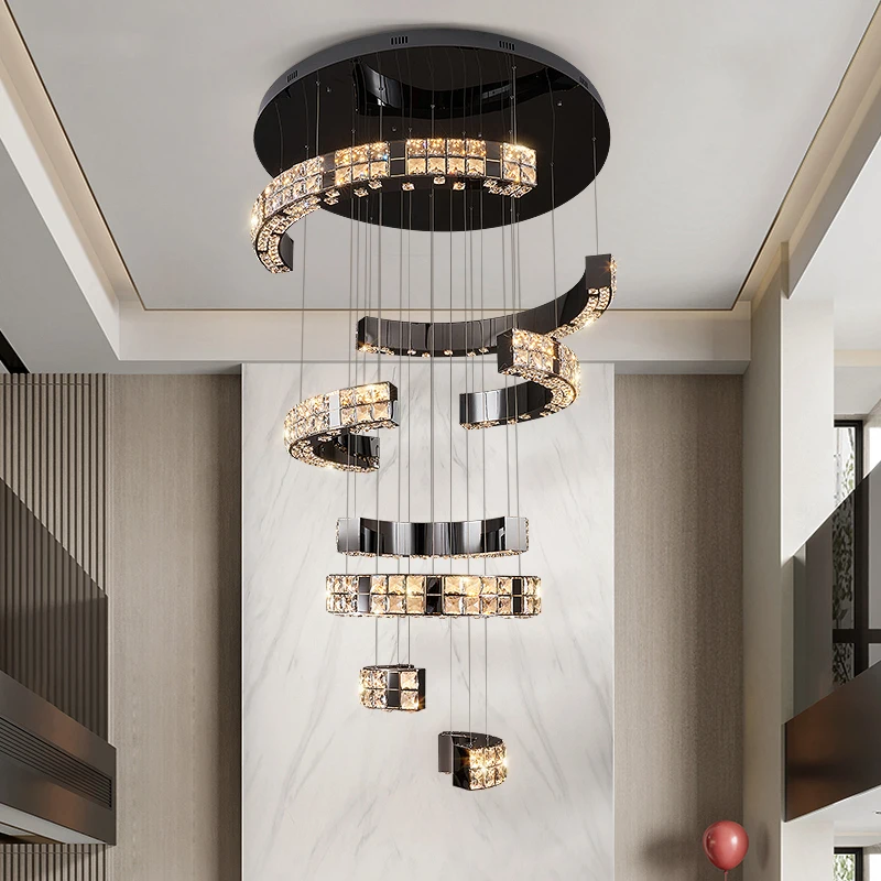 Black chandelier for long staircase luxury led hanging light fixture home decor rings crystal design living room ceiling lamp
Black chandelier for long staircase luxury led hanging light fixture home decor rings crystal design living room ceiling lamp