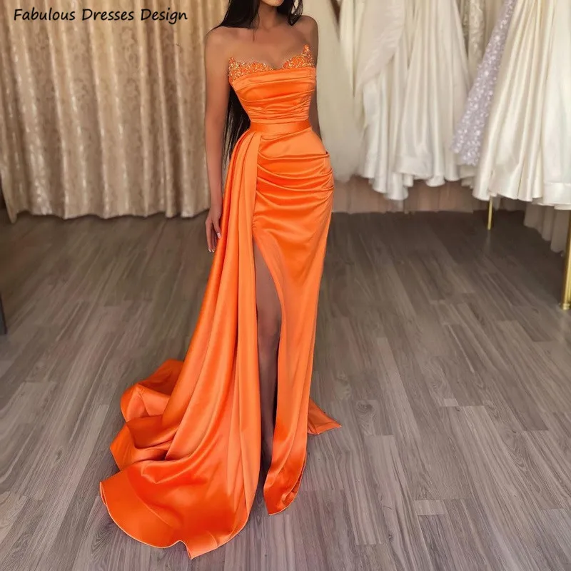 

Fanciest Long Mermaid Bridesmaid Dresses Shining Strapless Sweetheart Neck Wedding Guest Dress Streamer Slit Prom Party Gown