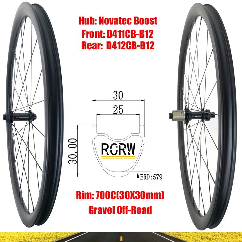 

700C Gravel Off-Road 30X30mm Carbon Wheelset 24 Hole Rim Deep 30 Wide 30 Novatec D411CB-B12 D412CB-B12 Shima HG XD XDR Boost Hub