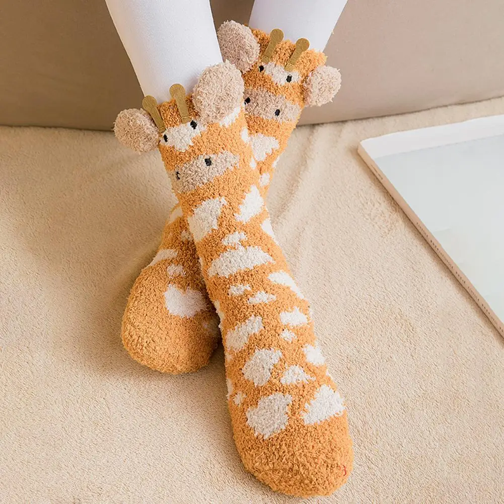 

1 Pair Adults Socks Cartoon Cat Rabbit Alpaca Giraffe Chick Fuzzy Fluffy Thickened Stretchy Keep Warm Coral Fleece Autumn Winter