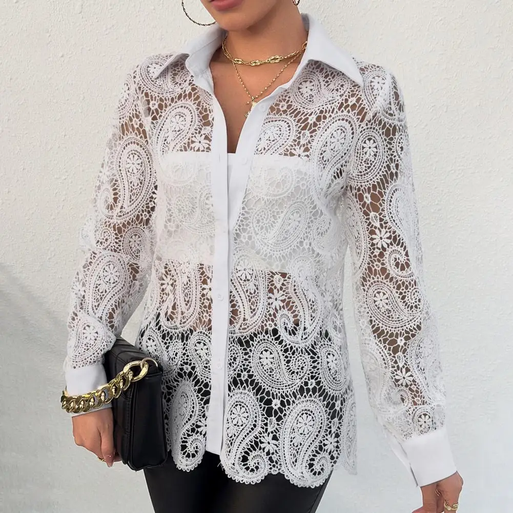 Breathable Women Shirt Elegant Lace Hollow Out Women's Shirt with Single-breasted Turn-down Collar Long for Breathable for Beach
Breathable Women Shirt Elegant Lace Hollow Out Women's Shirt with Single-breasted Turn-down Collar Long for Breathable for Beach