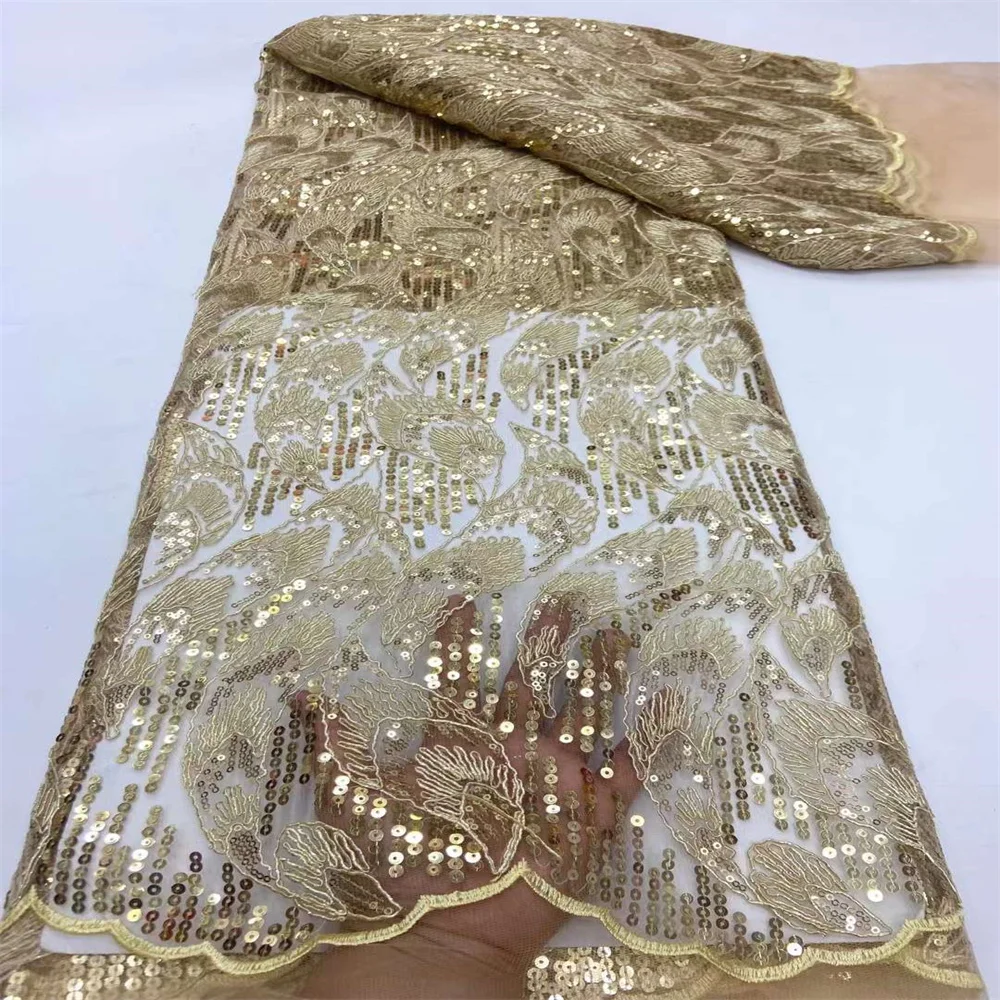 

African Sequins Lace Fabric 2024 High Quality Lace Eembroidery French Nigerian Lace Fabrics For Wedding Dress 5Yards jy-0125