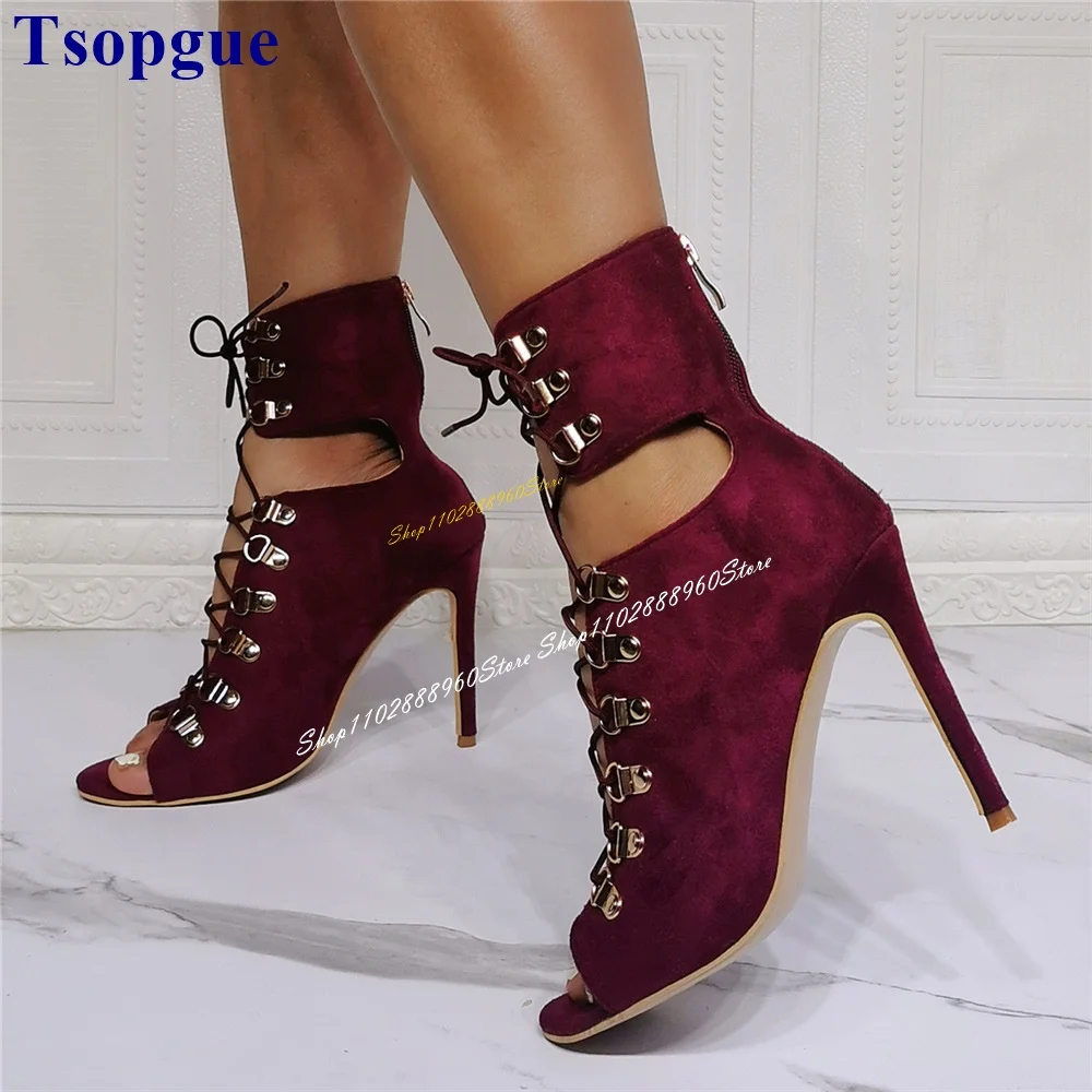 

Cross Tied Burgundy Flock Metal Roman Sandals Thin High Heel Women Shoes Back Zipper Peep Toe 2024 Fashion Zapatos Para Mujere