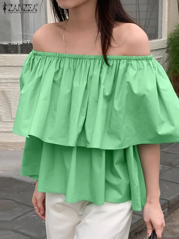 

Women Korean Style Fashion Tops Off Shoulder Blouses Short Sleeve Blusas ZANZEA Summer Layered Ruffles Tunic Chic Plain Shirts