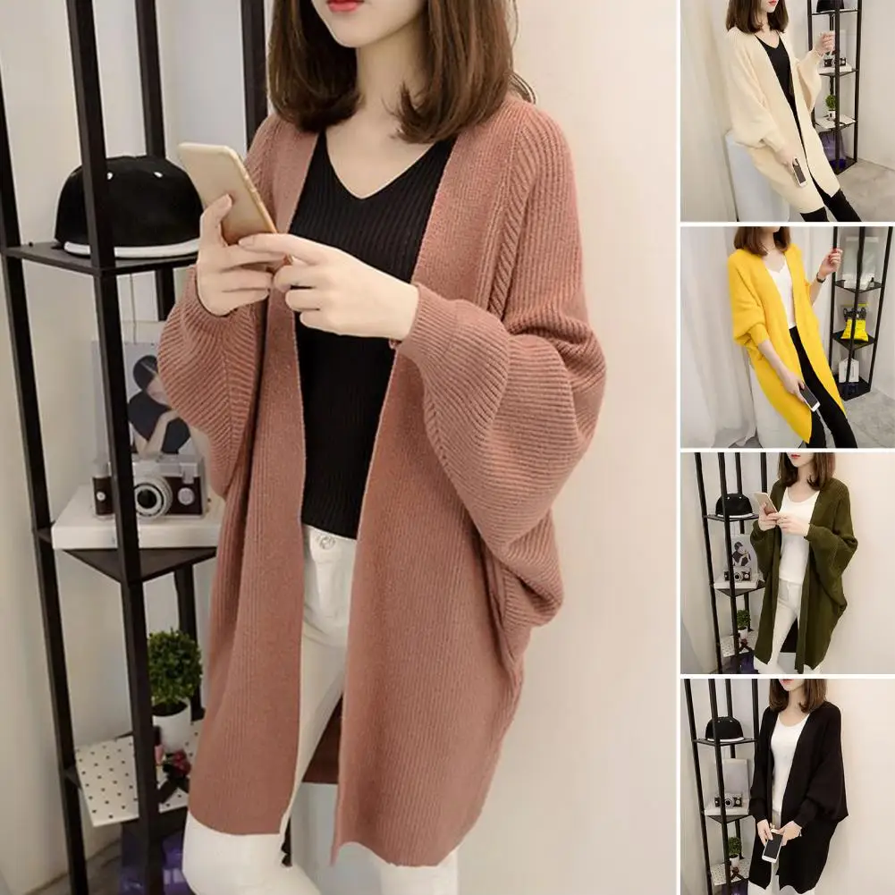 

Batwing Long Sleeve Ribbed Cuffs Open Stitch Sweater Coat Women Autumn Casual Solid Color Mid-Length Knitted Cardigan Streetwear
