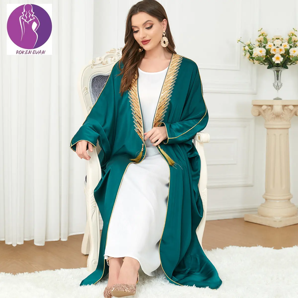 

ROKEN EVAN 2022 Autumn Muslim Arabic Dress Gold Ribbon Coat Dress Long Dress Wedding Abaya Dress Maxi Dress Kaftan