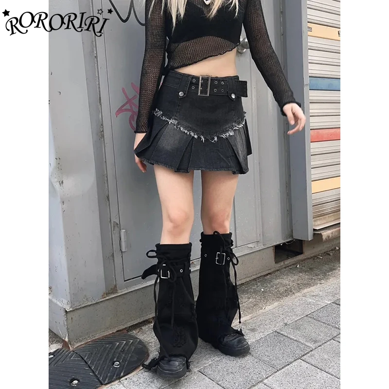 

RORORIRI Stitch Cross Raw Edge Denim Leg Warmers Women Retro Y2k Strappy Belt Knee Long Socks Gothic Lolita Black Boots Cover