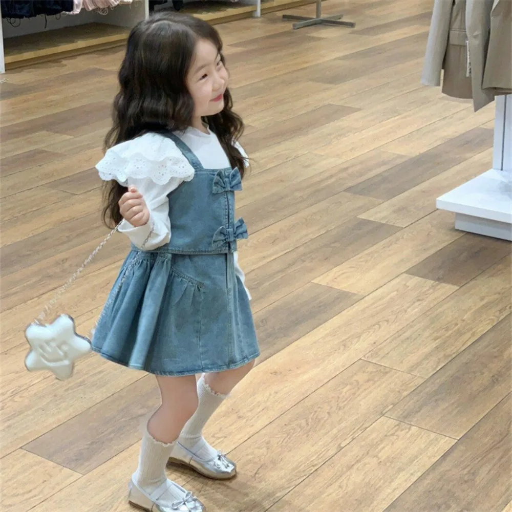 

Girls Set Korea Style 2024 spring New Solid Color Lace Bow Long Sleeve Sundress Two Piece Baby Fashion Kids spring Clothes