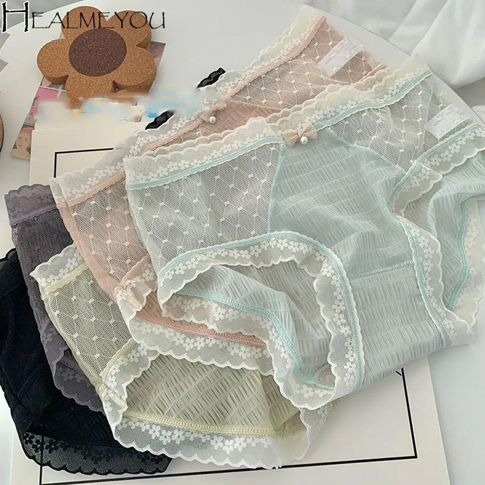 

Lovely Traceless Bow Solid Color Lingerie Comfortable Sexy Panties Girls Underwear Middle Waist Underwear Lace Brief