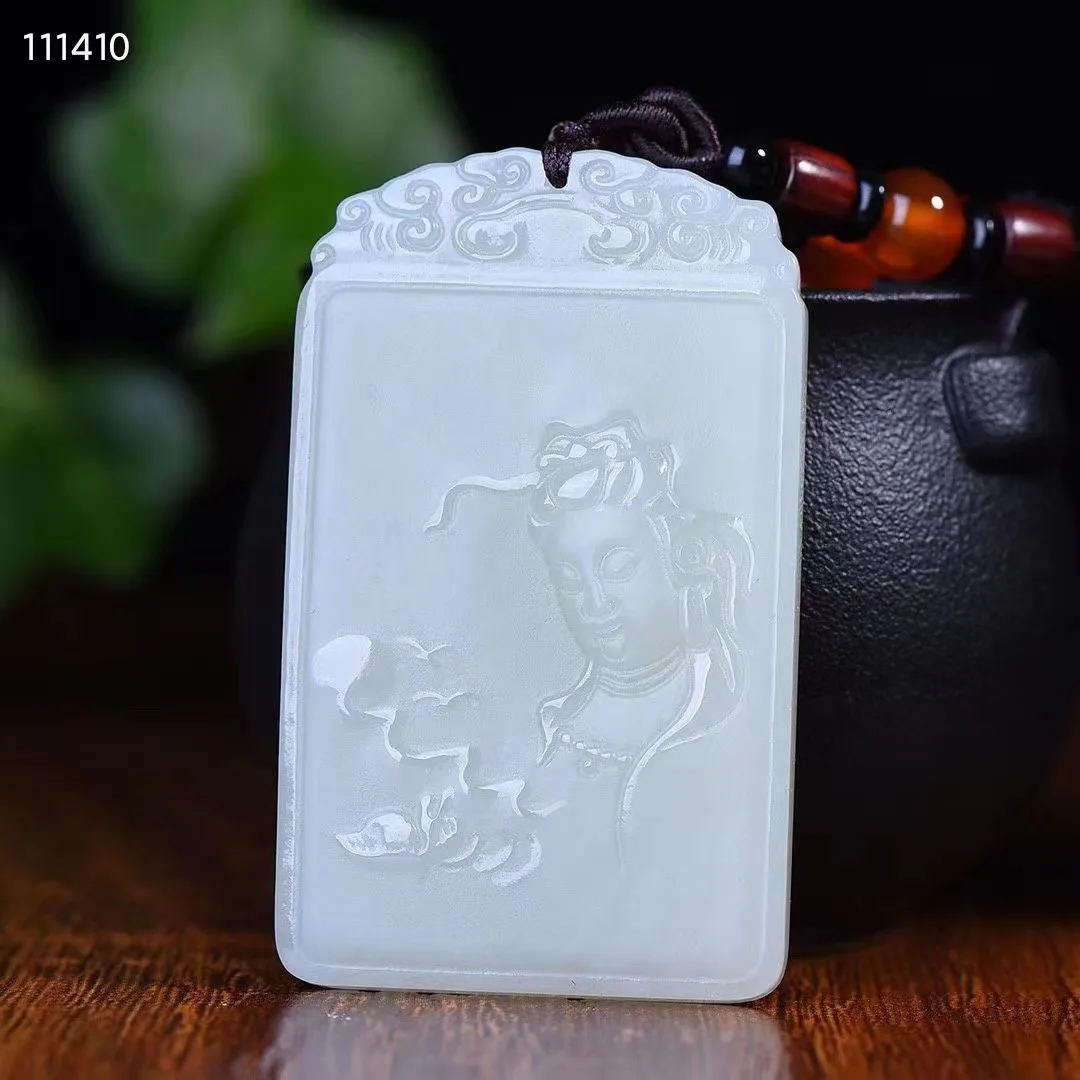 

Natural 100% real white hetian jade carve the Buddha Bless peace Attracting Wealth pendant jewellery for men women gifts luck