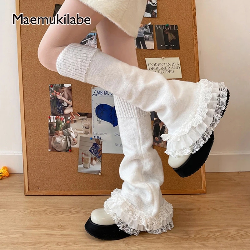 

Maemukilabe Japanese Lolita Knitted Leg Warmers Retro Ruffled Lace Tirm Calf Socks Y2K Fairy Kawaii Flare High Stocking Women