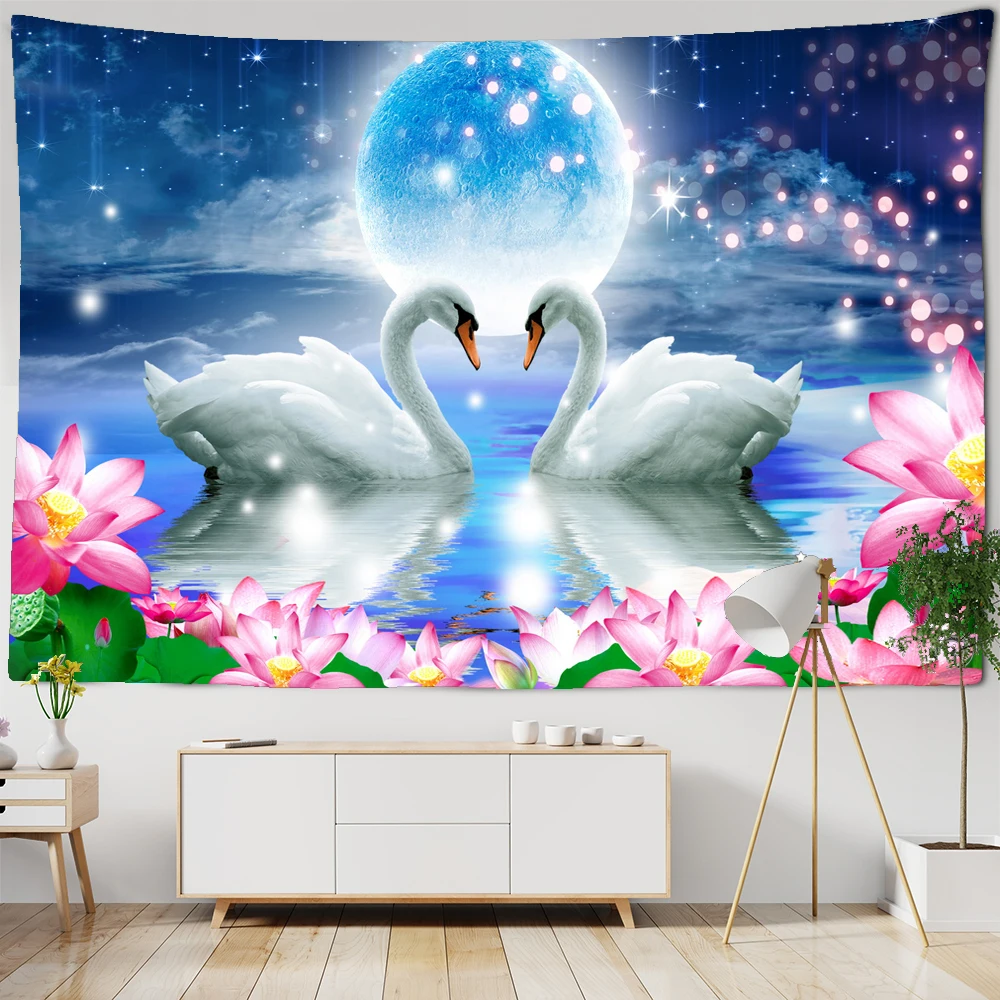 

Beautiful landscape River Swan Printed Large Wall Tapestry Psychedelic Scene Wall Hanging Hippie Mandala Tapestries Art Decor