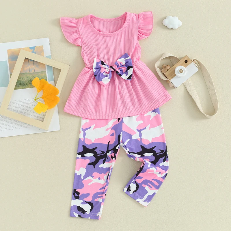 

Toddler Girls Summer 2 Piece Outfits Round Neck Fly Sleeve Ribbed Tops Elastic Waist Camouflage Print Pants Infant Baby Set