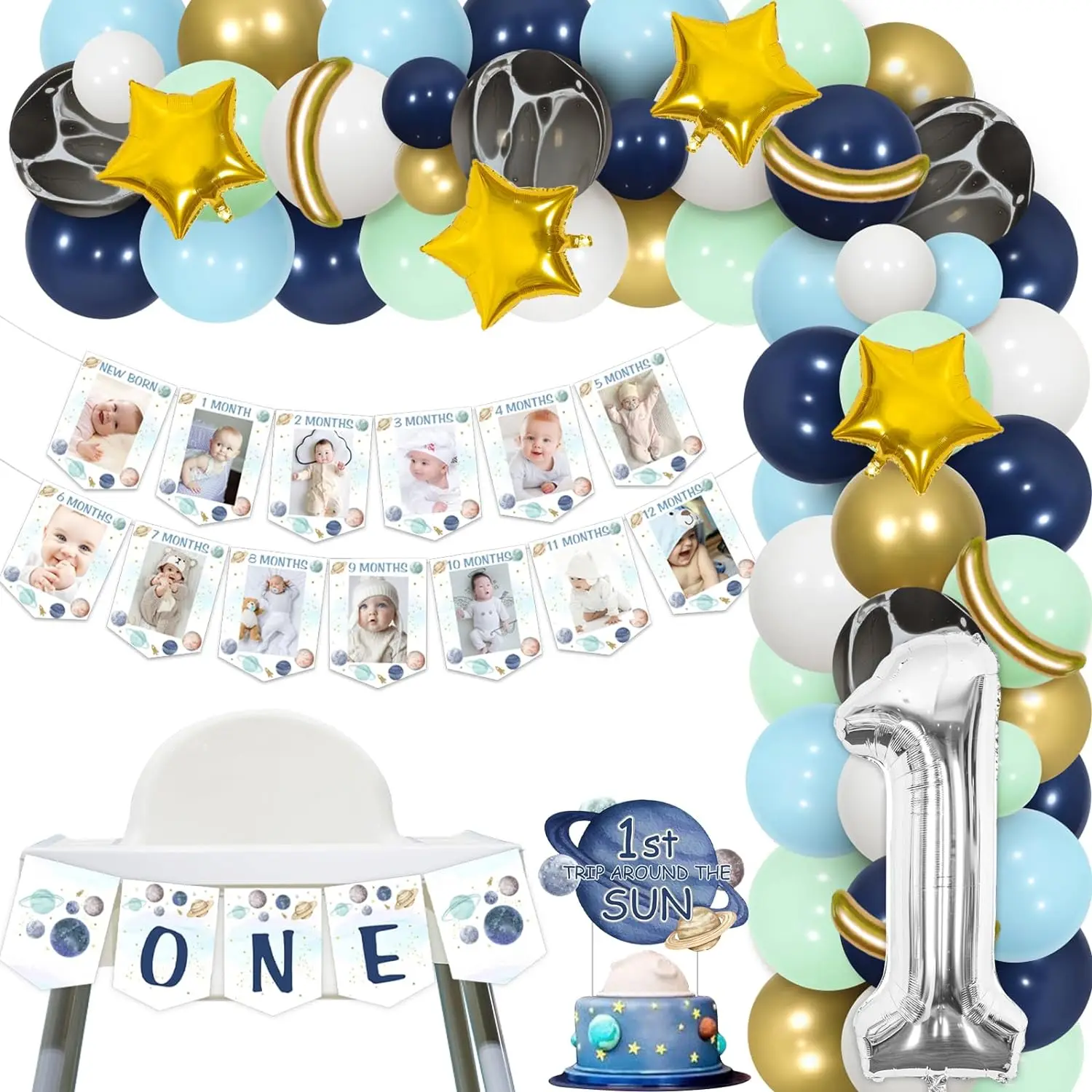 

First Trip Around the Sun Outer Space Theme 1st Birthday Decor One Year Old Balloon Garland Arch Kit Photo Banner Cake Topper