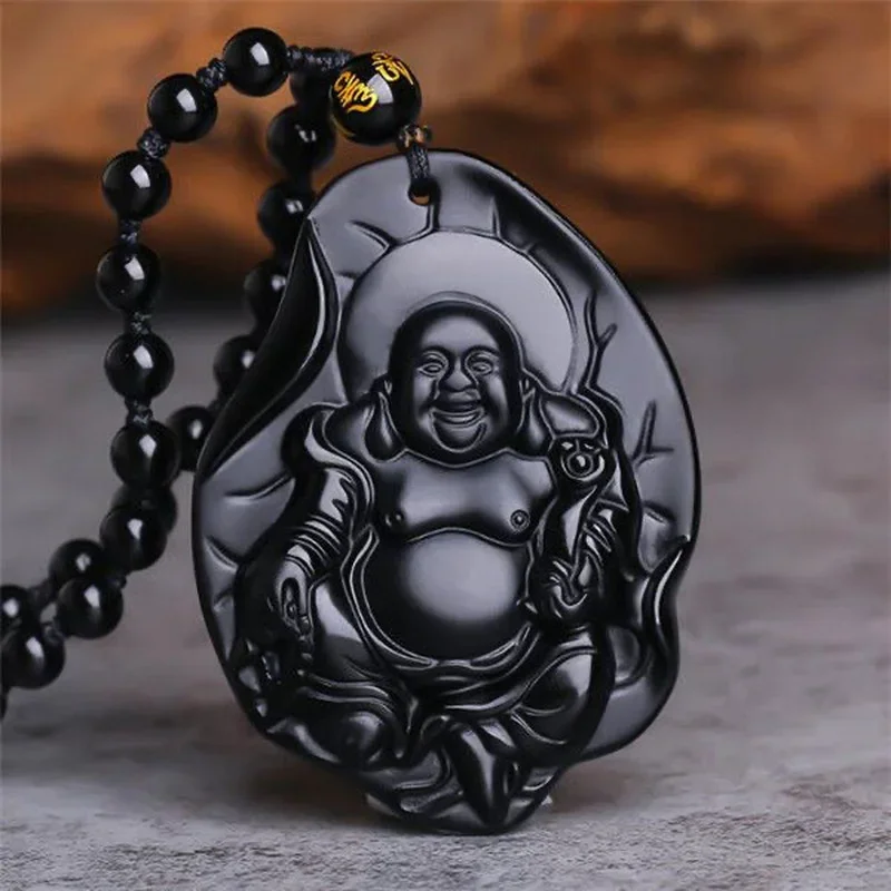 

Natural Black Obsidian Leaf Buddha Guanyin Pendant Necklace Chinese Hand-Carved Fashion Jewelry Accessories Amulet Men Women