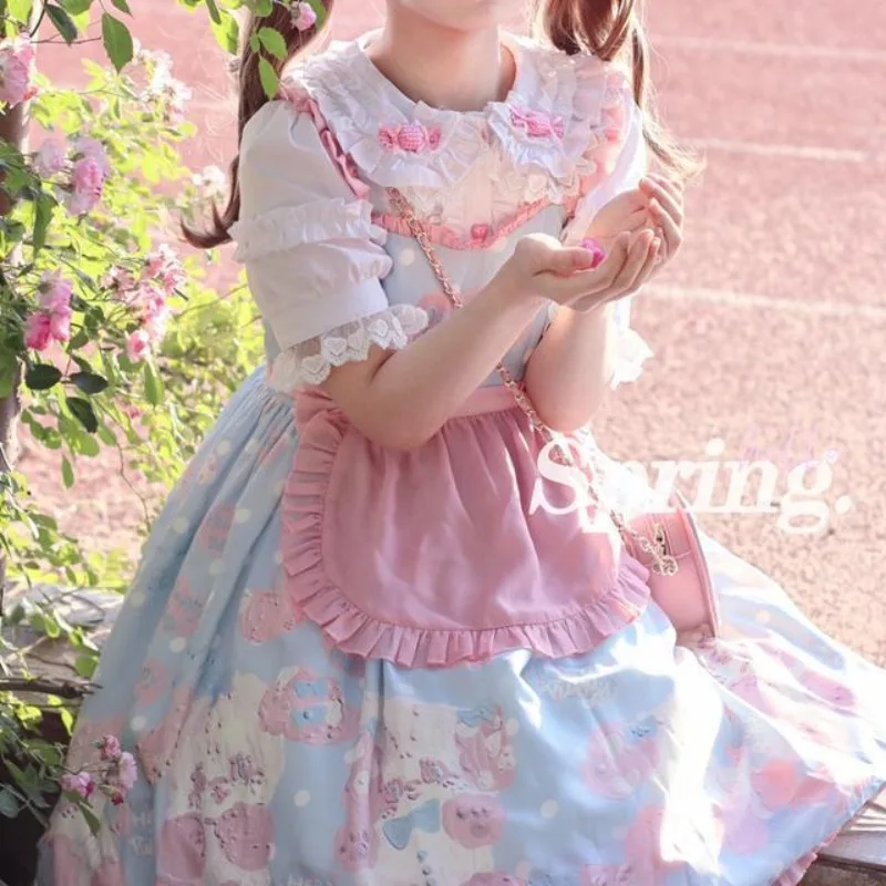 

Japanese Soft Girl Lolita Dress Sweet Girl Women's 2024 Summer Buttons Ruffles Versatile Candy Fashion Short Sleeved Brass Mujer