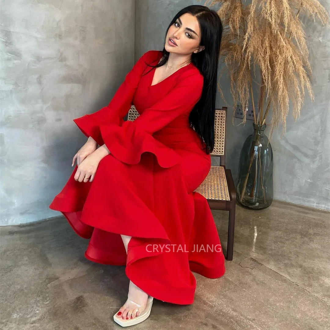 Sexy V Neck Short Red Muslim Crepe Evening Dress With Sleeves Mermaid Ruffled Tea Length Prom Dress Robe de soirée for Women
Sexy V Neck Short Red Muslim Crepe Evening Dress With Sleeves Mermaid Ruffled Tea Length Prom Dress Robe de soirée for Women