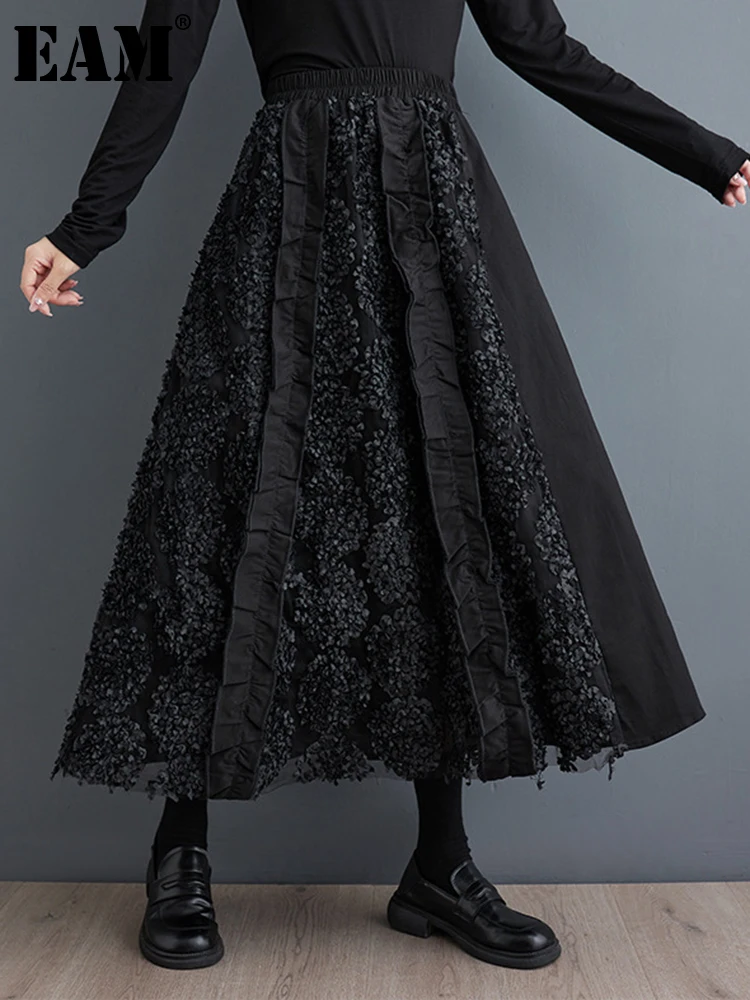 

[EAM] High Elastic Waist Black Ruffles Mesh Spliced A-line Half-body Skirt Women Fashion Tide New Spring Autumn 2024 1DH5690