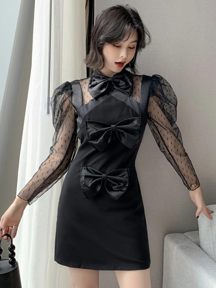 

Fashion Sexy Kawaii women dress Black Perspective Dot Mesh Spliced Long Puff Sleeves Backless Bow Mini Slim Femme Gown Birthday