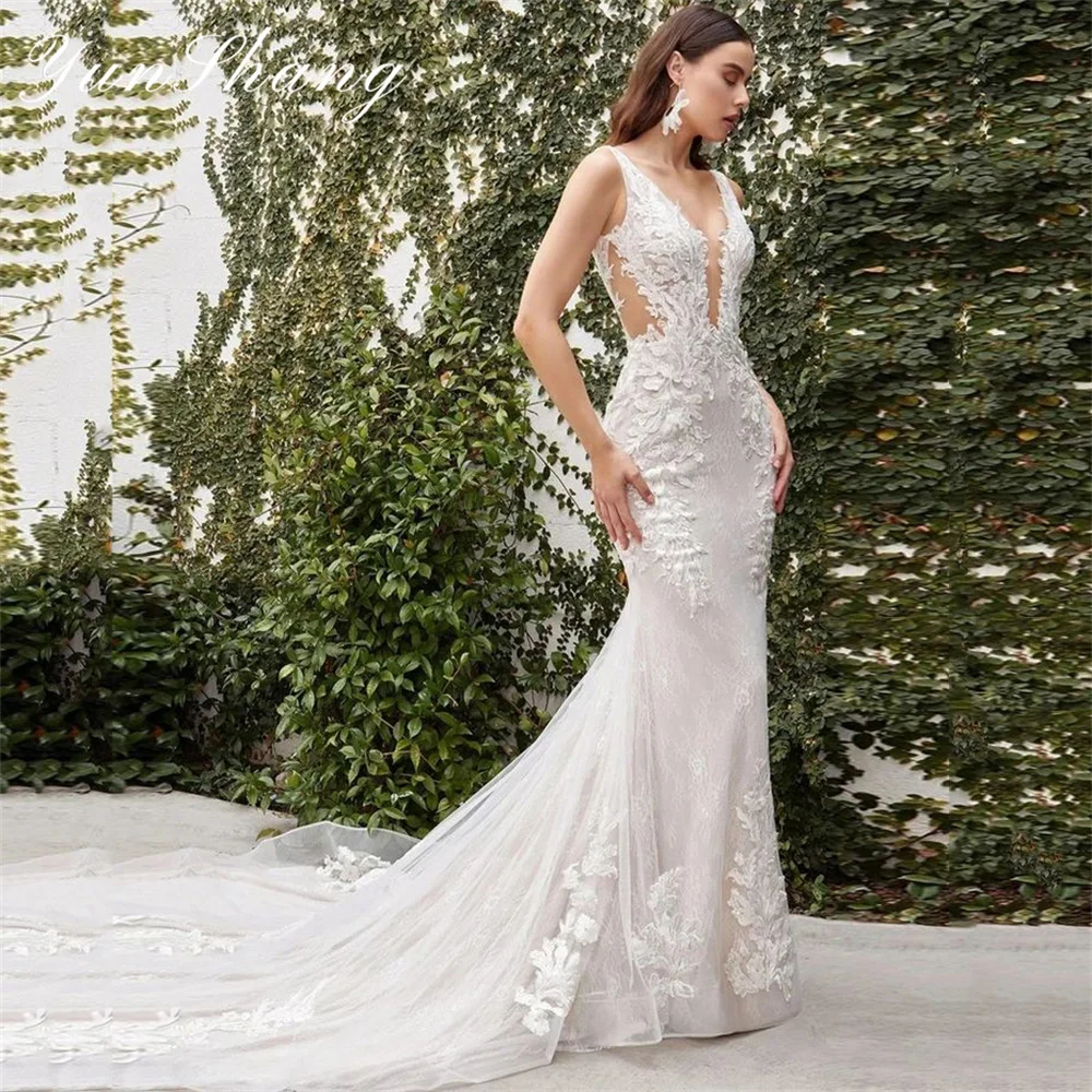 Yunshang Elegant Mermaid Wedding Dresses V-Neck Lace Spaghetti Straps Open Back Tulle Bridal Gown Sweep Train Vestidos De Novia
Yunshang Elegant Mermaid Wedding Dresses V-Neck Lace Spaghetti Straps Open Back Tulle Bridal Gown Sweep Train Vestidos De Novia