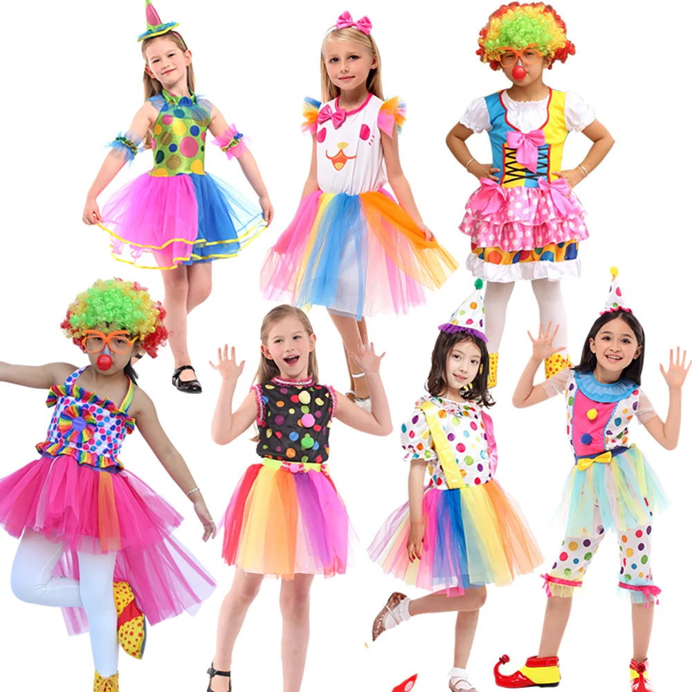 

Kids Funny Circus Clown Cosplay Dress Up Carnival Party Girls Fantasia Joker Costume Wig Hat Nose