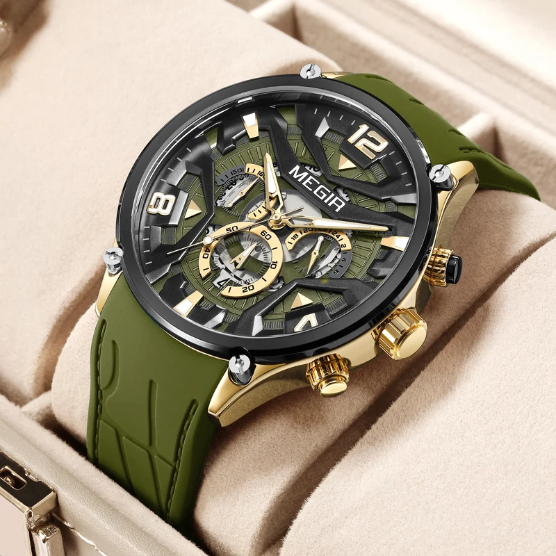 

Часы MEGIR Мужские кварцевые с хронографом, спортивные водонепроницаемые светящиеся, с силиконовым ремешком, зеленые
