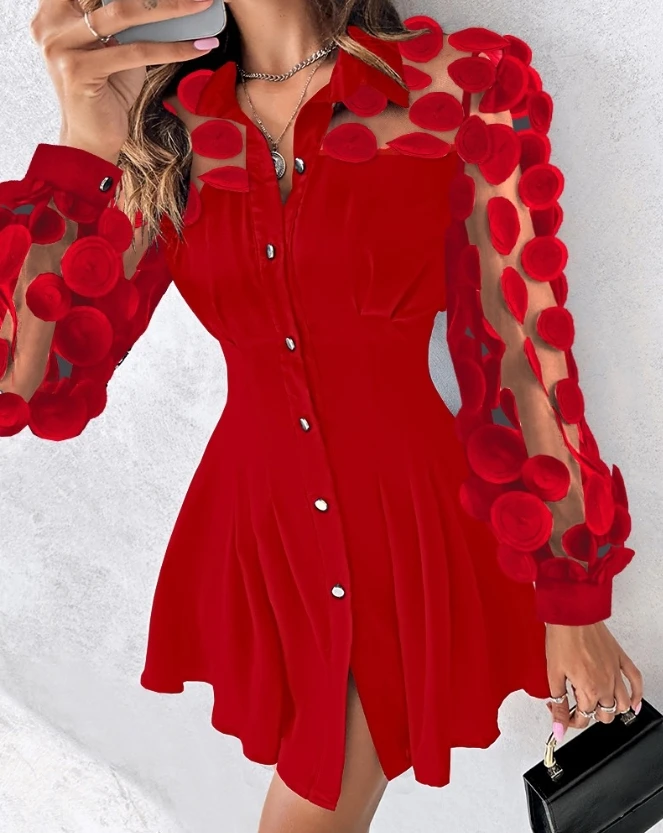 Women's Floral Pattern Sheer Mesh Patch Buttoned Shirt Dresses Summer New Hot Selling Casual Long Sleeved Lapel Elegant Dress
Women's Floral Pattern Sheer Mesh Patch Buttoned Shirt Dresses Summer New Hot Selling Casual Long Sleeved Lapel Elegant Dress