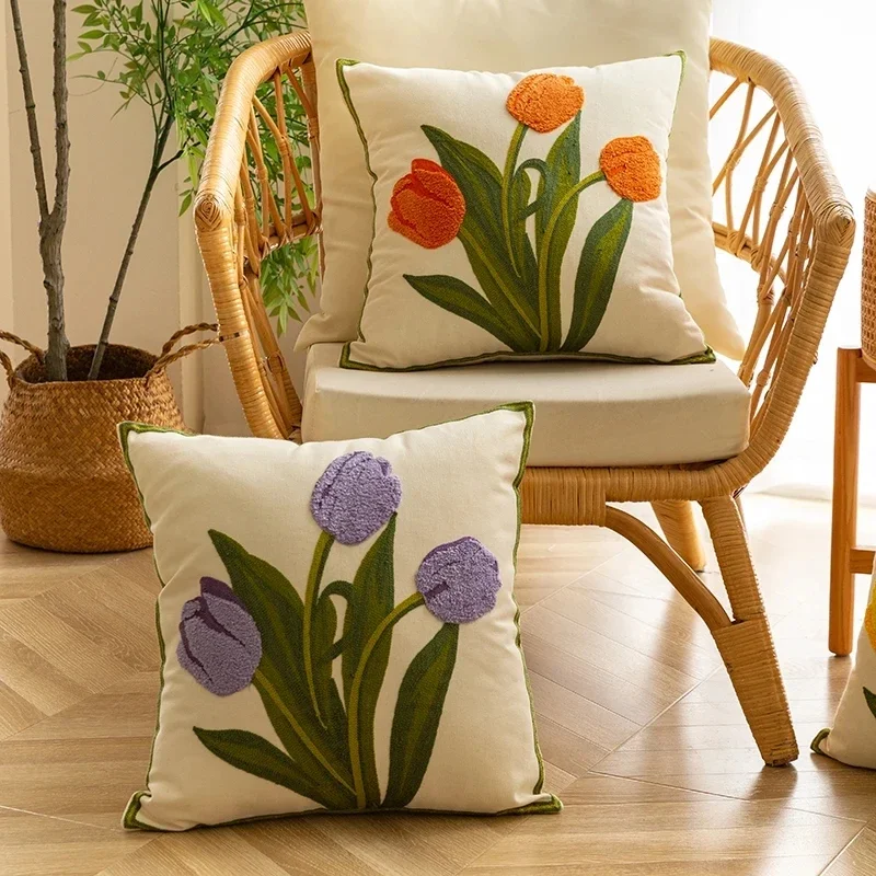 

Pure Cotton Embroidery Pillowcase Tulip Spring Throw Pillow Covers 45x45 Outdoor Patio Cushion Cases Garden Decorations Home