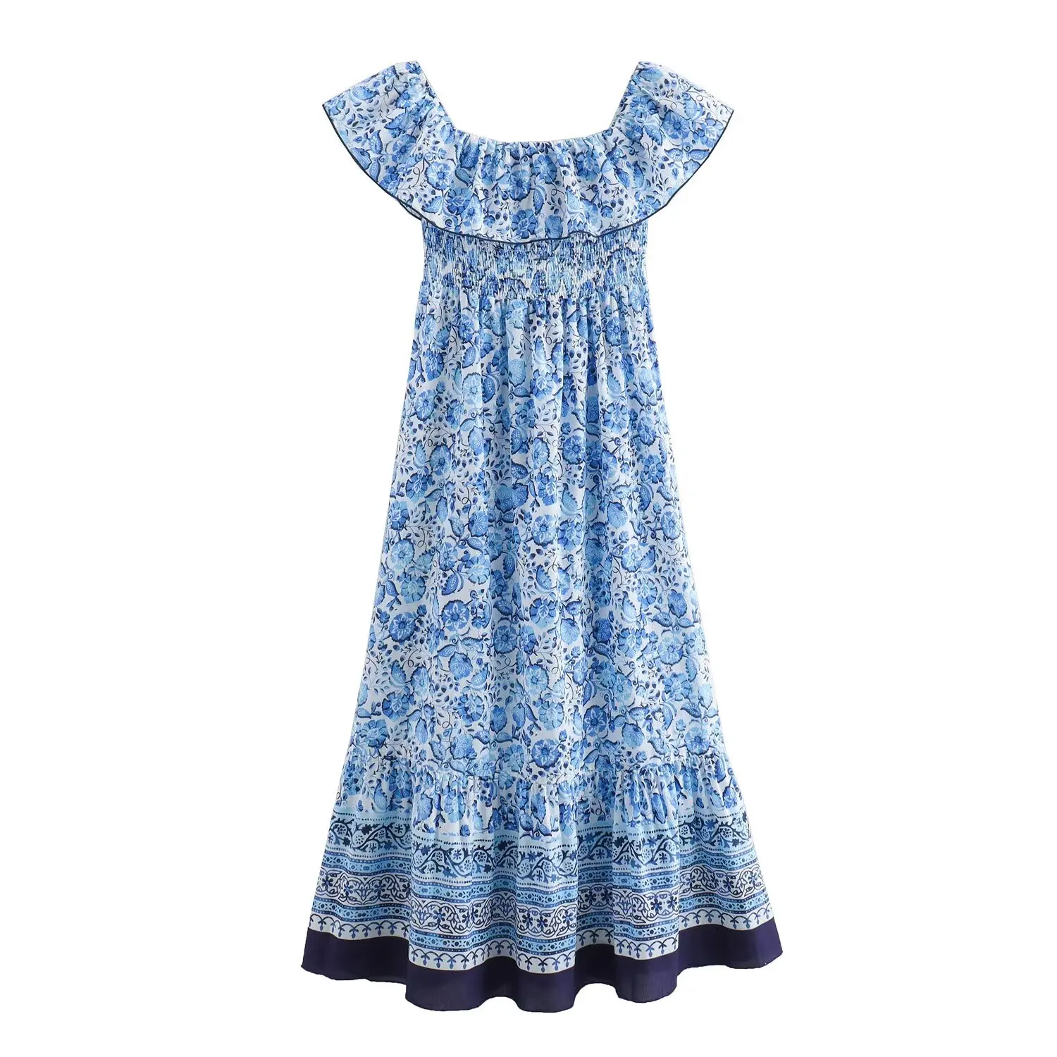 Printed Off Shoulder Midi Dress Women Summer Ruffle Trim and Elasticated Smocked Long Dress Strapless Backless Sexy Dress
Printed Off Shoulder Midi Dress Women Summer Ruffle Trim and Elasticated Smocked Long Dress Strapless Backless Sexy Dress