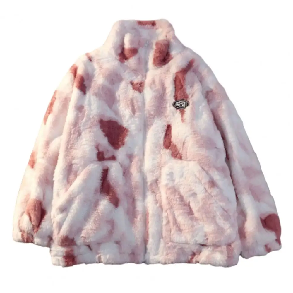 

Women Winter Coat Thickened Plush Stand Collar High Neck Long Sleeve Zipper Closure Tie-dye Lady Jacket Coat Overcoat