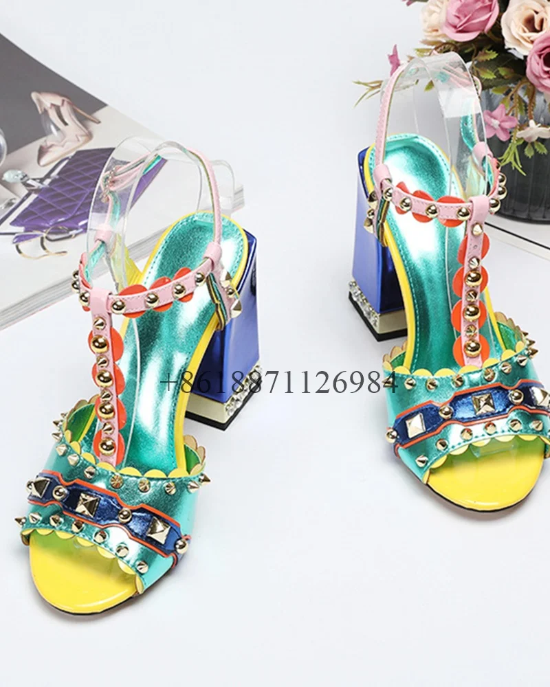 

Mixed Colors Genuine Leather Peep Toe Summer Women Sandals With Rivet Chunky Middle Heels Buckle Strap Design Large Size Shoes