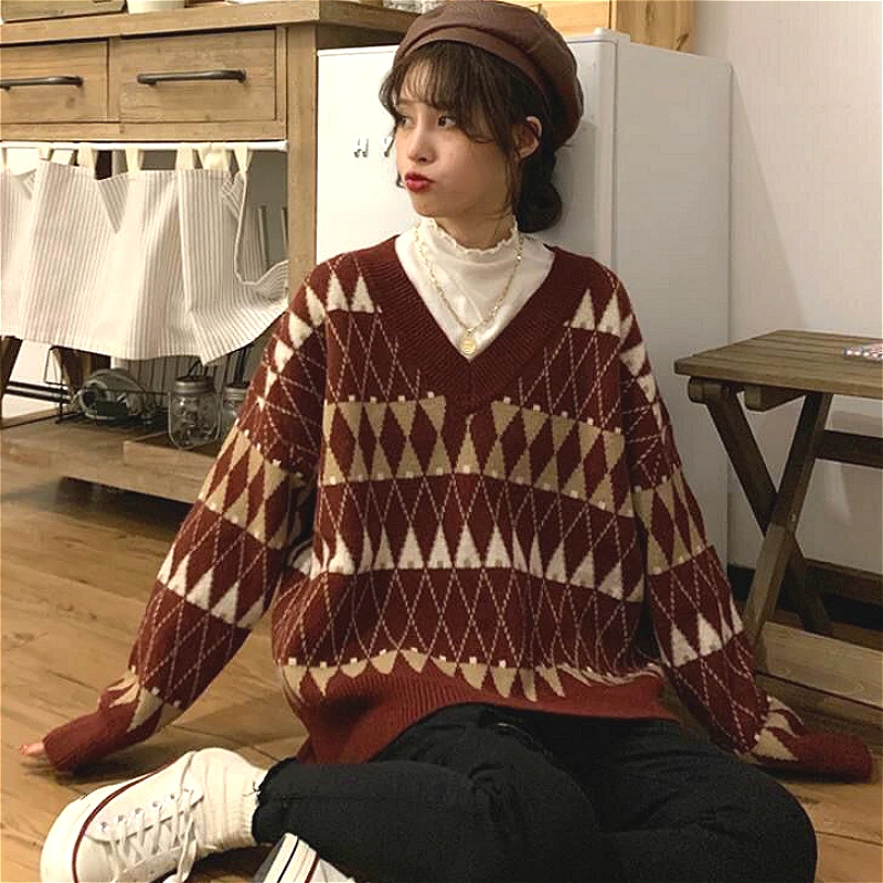 

Sweaters Women Vintage Argyle Korean All-match Chic V-Neck Ladies Pullovers Student Lazy Style Popular Winter Plaid Sweater