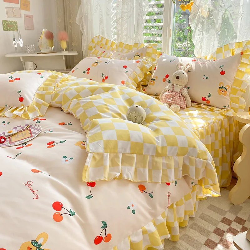 Korean Ins Cherry Bedding Set Ruffle Lace Cartoon Bed Sheet Skirt Bed Linens For Kids Girls Chessboard Grid Home Textiles
Korean Ins Cherry Bedding Set Ruffle Lace Cartoon Bed Sheet Skirt Bed Linens For Kids Girls Chessboard Grid Home Textiles