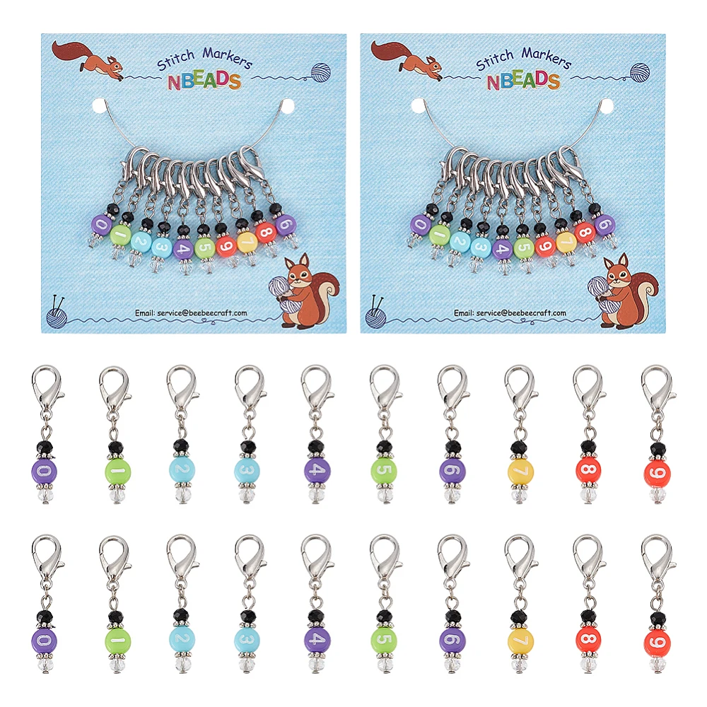 

20PCS Acrylic & Glass Beaded Number Pendant Locking Stitch Markers Zinc Alloy Lobster Claw Clasp Stitch Marker Mixed Color 3.9cm