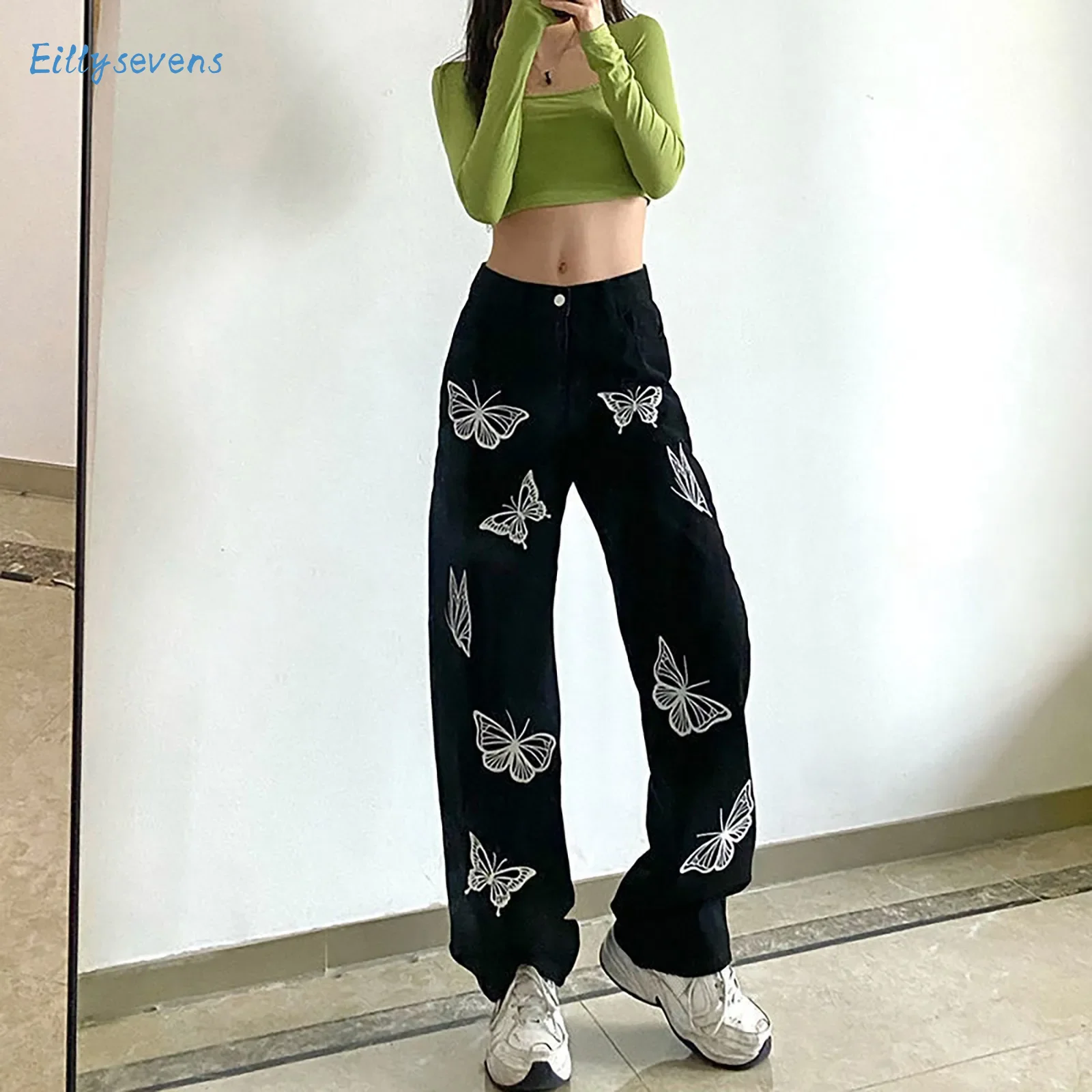 

White Butterfly Print Pants Fashion Harajuku Baggy Cargo Denim Trousers Straight Ins Trend Boyfriend Style Jeans Streetwear