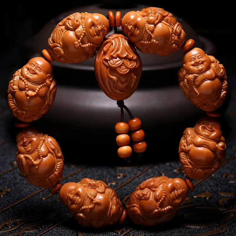 

Olive Nut 1.9 Large Seeds Hand Carved Eight-Treasure Buddha Beads Maitreya Bracelet