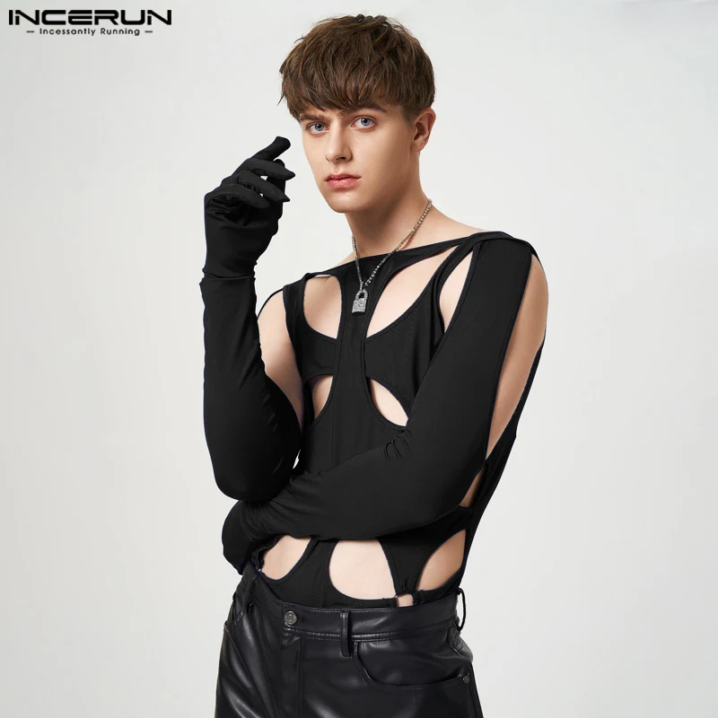 

2024 Men Bodysuits Solid Color Hollow Out Sexy O-neck Gloves Long Sleeve Rompers Streetwear Irregular Bodysuit S-5XL INCERUN