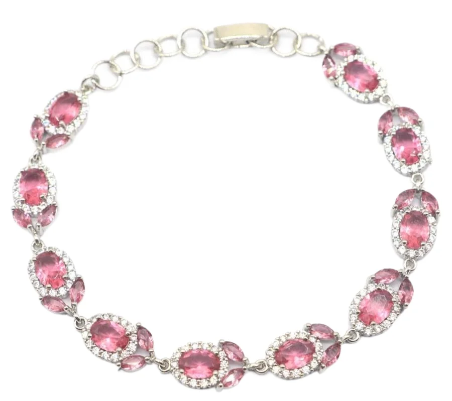 

13x9mm New Designed Pink Tourmaline White CZ Gift For Woman's Silver Bracelet 6.0-8.0inch