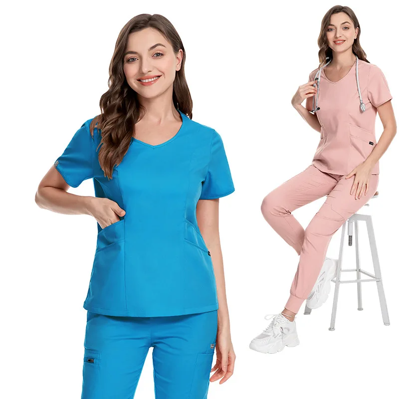 

Leisure Elastic Hand Washing Clothes Beauty Salon SPA Doctor Surgical Uniforms Short-sleeved Tops+Pants V-neck Dental Nurse Sets