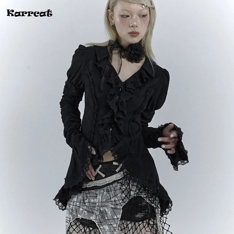 

Karrcat Gothic Black Lace Shirt Dark Aesthetic Irregular Blouses Yamamoto Style Grunge Flare Sleeve V-neck Shirt Vintage Y2k Emo