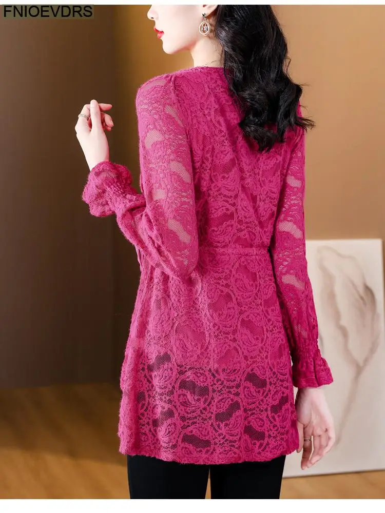 M-4XL Hollow Out Lace Shirts2023 Women European Style Office Lady Drawstring Waist Bow Tie Thick Winter Tunic Peplum Top Blouses M-4XL Hollow Out Lace Shirts2023 Women European Style Office Lady Drawstring Waist Bow Tie Thick Winter Tunic Peplum Top Blouses