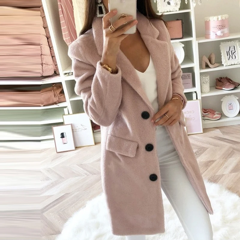 

Fashion Simple Single-breasted Long Sleeve Cardigan Winter Solid Suit Collar Woolen Coat Elegant Casual Commute All-match Coats