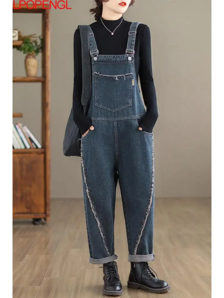 Retro Woman Loose Solid Color Raw Edge Denim Overalls Autumn And Winter Elastic Waist Streetwear Oversized Ankle-length Pants
Retro Woman Loose Solid Color Raw Edge Denim Overalls Autumn And Winter Elastic Waist Streetwear Oversized Ankle-length Pants