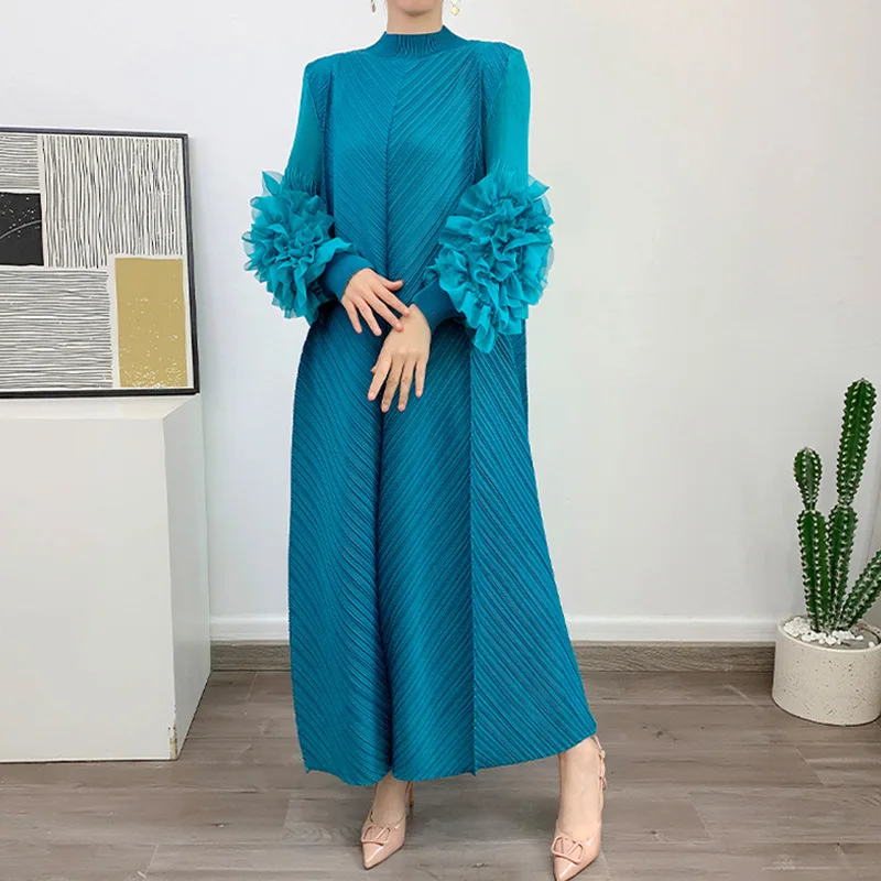 

Miyake Pleated Maxi Long Dress Mesh Petal Sleeve Half Turtleneck Formal Dresses for Women 2024 New Birthday Dress for Women