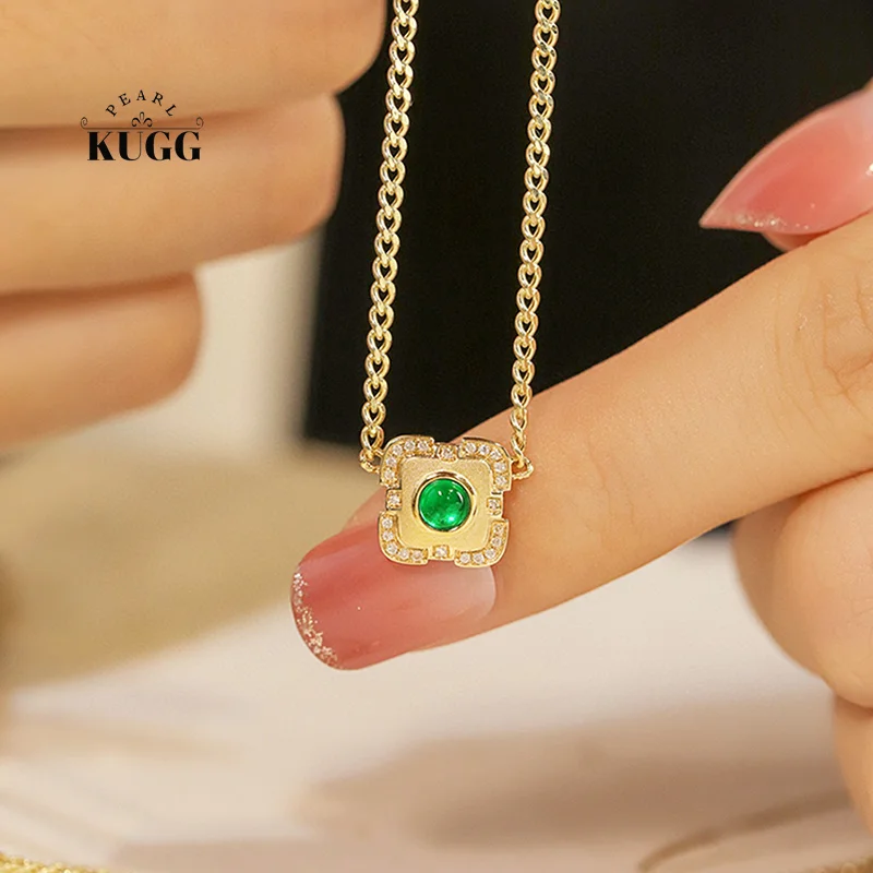 

KUGG 18K Yellow Gold Necklace Cuban Chian Design Vintage Style Real Diamond Natural Emerald Necklace for Women Party Jewelry