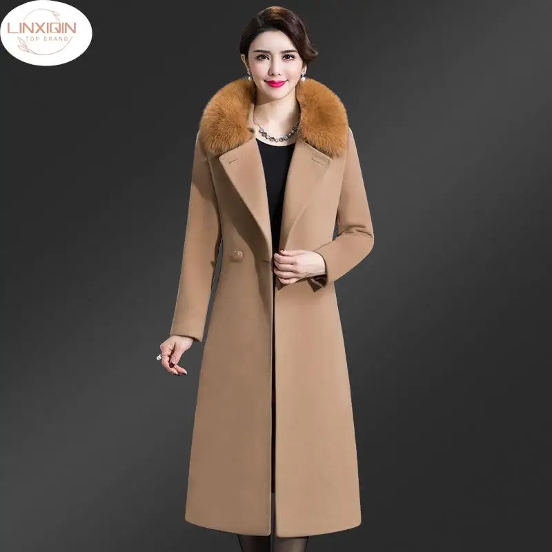 

LINXIQIN Women Winter Wool Blends Coat Jacket 2024 New Female Girl Long Real Fox Fur Coats Parka Trench