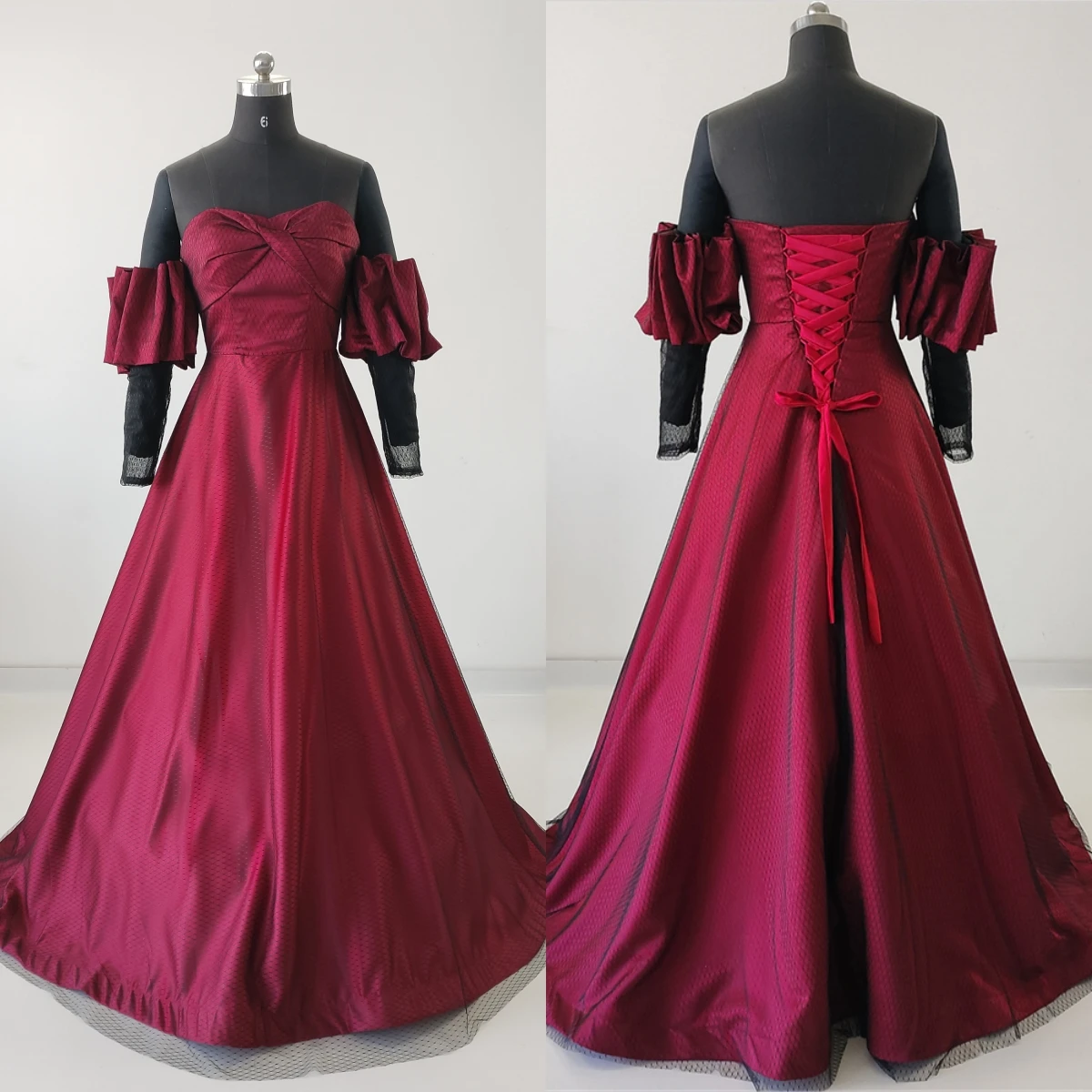 

Real Photo Evening Dress Burgundy Satin Black Tulle Short Puff Sleeves Criss-cross A-line Floor Length Plus Size Lady Party Gown