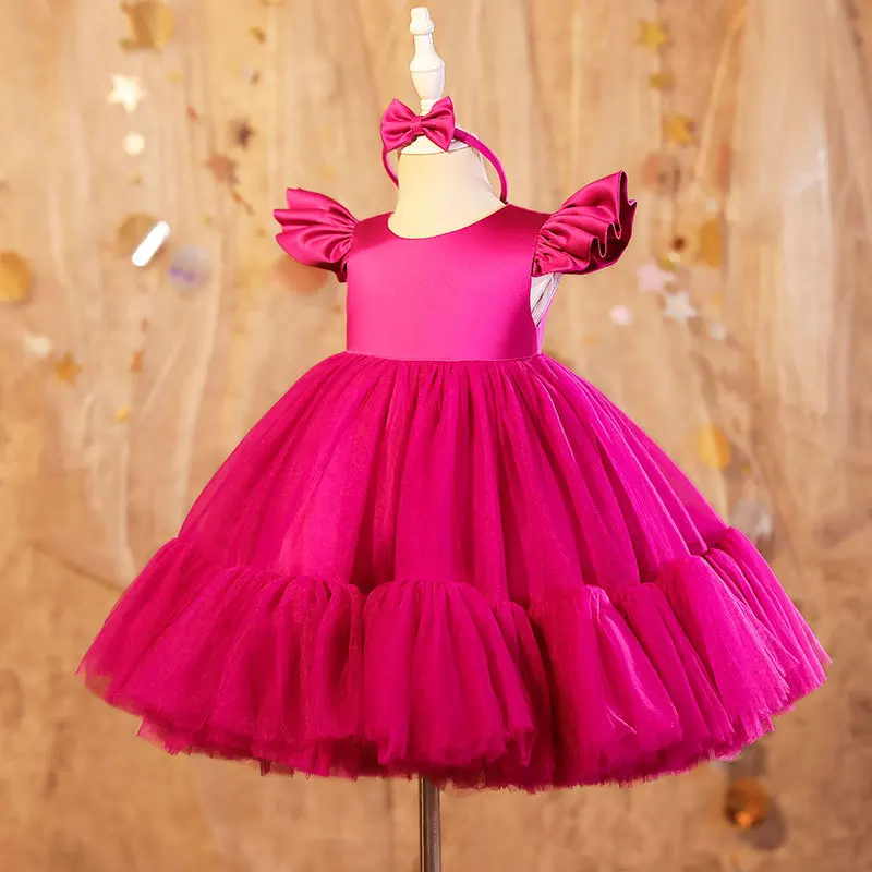 

Baby Girls Dresses For 1st Birthday Party Backless Embroidery Elegant Big Bow Wedding Tutu Gown Girls Formal Gala Costume