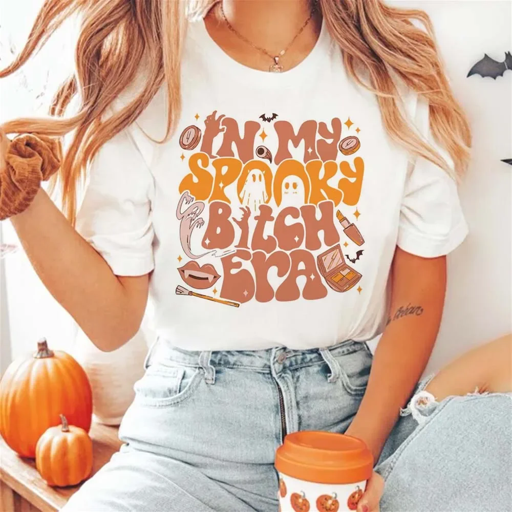 Сезон Хэллоуина, Женская Милая футболка с буквенным принтом, модный стиль 90-х, Повседневная Базовая свободная футболка с коротким рукавом и принтом в виде звеньев. 
Сезон Хэллоуина, Женская Милая футболка с буквенным принтом, модный стиль 90-х, Повседневная Базовая свободная футболка с коротким рукавом и принтом в виде звеньев.